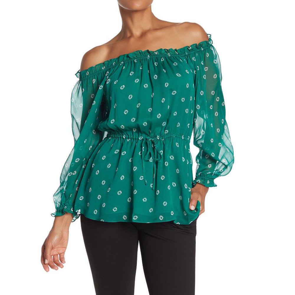 NWT Diane von Furstenberg Off-Shoulder Elastic Drawstring Waist Silk Blouse US 0